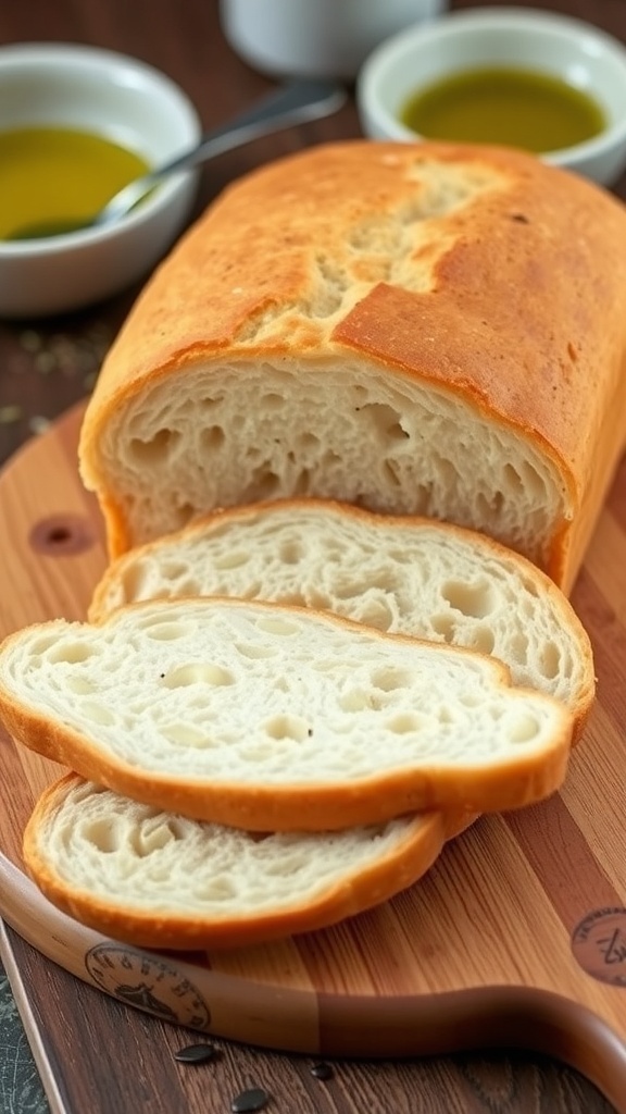 A loaf of gluten-free bread sliced on a wooden board, with a soft interior and golden crust.